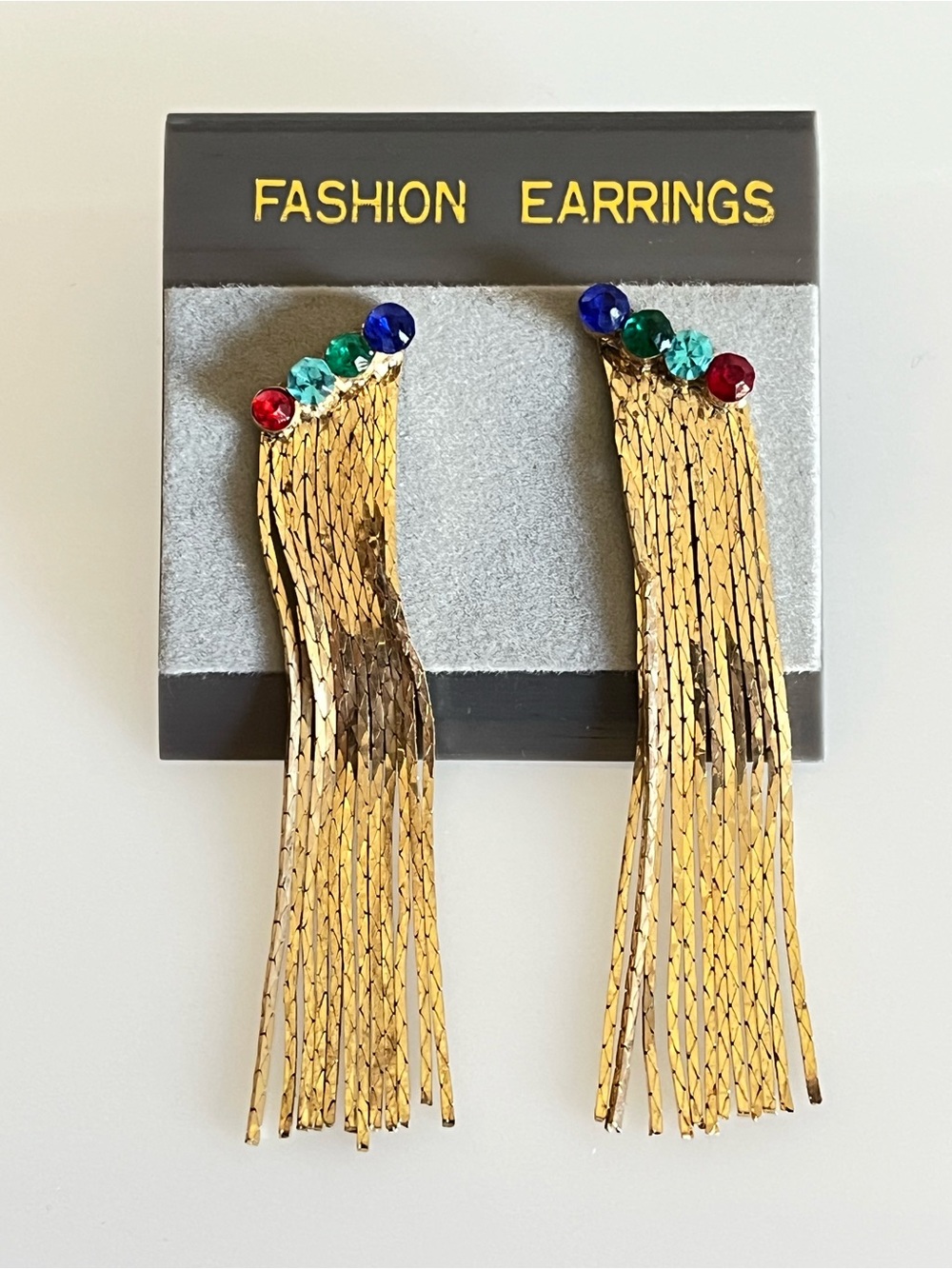 Gold Tassel Drop Earrings with Crystals